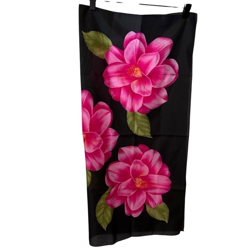 Italian Tropical Hibiscus pink Flower Black Square Scarf Made In Italy 30”X30 ar